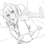  ahoge bangs blush closed_mouth commentary_request eyebrows_visible_through_hair full-face_blush greyscale hair_between_eyes hair_ornament hair_scrunchie indoors legs_up long_hair looking_at_viewer lying monochrome on_back on_bed open_clothes original panties panty_pull pillow pleated_skirt school_uniform scrunchie serafuku shirt_pull side_ponytail sketch skirt solo thighs underwear undressing zero_(miraichizu) 