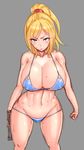  bare_shoulders bikini blonde_hair blue_bikini blue_eyes breasts covered_nipples grey_background gun highres holding holding_gun holding_weapon huge_breasts long_hair looking_at_viewer metroid navel ponytail samus_aran simple_background solo sweat swimsuit weapon wide_hips wolffeld 