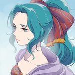  ama_mt blue_background cape closed_mouth collarbone commentary dress eyebrows final_fantasy final_fantasy_vi gradient gradient_background green_eyes green_hair hair_intakes hair_ribbon lips long_hair ponytail ribbon shiny shiny_hair solo tina_branford 