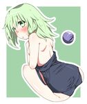  :o ass back blush breasts covering covering_breasts eyeball from_behind green_eyes green_hair highres komeiji_koishi kz_oji looking_at_viewer no_pupils school_swimsuit sideboob sitting small_breasts solo sweat swimsuit swimsuit_pull third_eye touhou undressing 