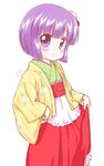  blush flower hair_flower hair_ornament hakama hieda_no_akyuu japanese_clothes kimono obi purple_eyes purple_hair red_hakama sash short_hair smile solo touhou uho_(uhoyoshi-o) 