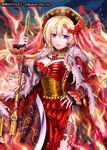  axe blonde_hair bloody_mary_(shinkai_no_valkyrie) chain corset crown dress feng_jianri fire floral_print flower jewelry lipstick makeup necklace purple_eyes red_dress rose rose_print ruby_(stone) shinkai_no_valkyrie solo weapon 