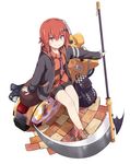  &gt;:) backpack bag bat_hair_ornament c: commentary_request dress_shirt flag_print gabriel_dropout ground_vehicle hair_ornament highres holding jacket kurumizawa_satanichia_mcdowell long_hair looking_at_viewer motor_vehicle necktie official_art print_neckwear red_hair red_shirt scooter scythe shirt shorts sitting sitting_on_object smile solo ukami union_jack v-shaped_eyebrows 