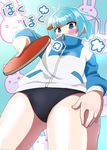  absurdres aqua_hair blue_eyes bunny_background buruma carrot_hair_ornament covered_mouth food_themed_hair_ornament from_below hair_ornament highres itsumo_hokuto jacket looking_at_viewer paddle qumata shakunetsu_no_takkyuu_musume short_hair solo table_tennis_paddle thighs topknot track_jacket zipper 