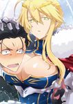  1girl agravain_(fate/grand_order) artoria_pendragon_(all) artoria_pendragon_(lancer) black_hair blonde_hair blush breasts bursting_breasts cape cleavage crown fate/grand_order fate_(series) fur_trim gauntlets green_eyes hair_between_eyes hair_ornament hand_on_another's_head head_on_chest highres large_breasts nogi_(acclima) short_hair sidelocks sweat 