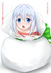  blue_eyes blue_hair blush christmas flat_chest flying_sweatdrops gochuumon_wa_usagi_desu_ka? hair_ornament highres in_container in_sack kafuu_chino long_hair looking_at_viewer naked_ribbon nipples open_mouth ribbon sack simple_background solo translated vahn_yourdoom white_background x_hair_ornament 