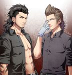  bare_chest belt black_hair brown_hair final_fantasy final_fantasy_xv gladiolus_amicitia glasses gloves hinoe_(dd_works) ignis_scientia jacket looking_at_viewer male_focus multiple_boys scar scar_across_eye shirt short_sleeves signature smile unshaved_face 