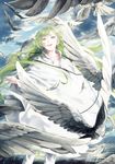  :d androgynous bad_id bad_pixiv_id bangs bird blue_eyes commentary_request cupping_hand enkidu_(fate/strange_fake) fate/strange_fake fate_(series) feathers green_hair highres long_hair male_focus mizutame_tori open_mouth poncho smile solo 