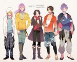  adapted_costume argyle argyle_sweater blonde_hair boots brown_hair closed_eyes crossed_arms earrings green_eyes hachisuka_kotetsu hand_on_hip high_heel_boots high_heels hood hoodie jewelry kasen_kanesada kashuu_kiyomitsu male_focus mole mole_under_mouth multiple_boys mutsu-no-kami_yoshiyuki open_mouth pants plaid plaid_pants purple_hair red_eyes sandals scarf shorts smile sweater t_k_g touken_ranbu translation_request turtleneck yamanbagiri_kunihiro yellow_eyes 