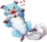  alternate_color animal dog dog_paws fangs fluffy full_body gen_7_pokemon green_eyes heart looking_at_viewer lying mayo_cha no_humans on_back open_mouth paws pokemon pokemon_(creature) puppy rock rockruff shiny_pokemon simple_background smile solo tongue white_background 