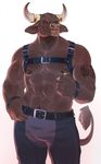  2015 5_fingers abs anthro belt biceps biped bovine brown_eyes brown_fur brown_nipples brown_tail buck_(evane) cattle chaps clothed clothing digital_media_(artwork) front_view fur harness hi_res horn horn_ring humanoid_hands looking_away maaty-s male mammal muscular muscular_male nipple_piercing nipples notched_ear pecs piercing portrait simple_background smile smirk solo standing tail_tuft tattoo three-quarter_portrait tuft white_background white_horn wristband 
