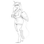  2017 anthro anthrofied breasts cleavage clothed clothing cup equine feathered_wings feathers female friendship_is_magic hair hooves horn kevinsano long_hair mammal monochrome my_little_pony princess_luna_(mlp) solo winged_unicorn wings 