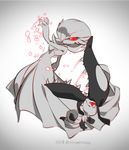  closed_mouth gardevoir gen_3_pokemon ko-on_(ningen_zoo) looking_at_another mawile no_humans pokemon pokemon_(creature) red_eyes saliva sharp_teeth silver_(color) silver_background slit_pupils smile teeth twitter_username 