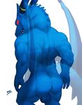  anthro balls biceps blue_dragon_(character) blue_dragon_(series) butt dragon horn looking_at_viewer looking_back male manly muscular nude open_mouth presenting presenting_hindquarters seyrmo sharp_teeth solo standing teeth transparent_tail transparent_wings wings 