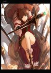  amami_haruka black_border black_gloves boots border brown_hair dress fur_trim gloves granblue_fantasy green_eyes hair_ribbon idolmaster idolmaster_(classic) looking_at_viewer parody ribbon short_hair smile solo style_parody sword throne weapon yatsuka_(846) 