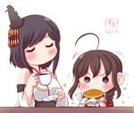  ahoge bare_shoulders black_hair braid closed_eyes commentary_request cup dated detached_sleeves eating food hair_ornament hair_over_shoulder hamburger highres holding holding_cup japanese_clothes kanon_(kurogane_knights) kantai_collection long_hair multiple_girls nontraditional_miko shigure_(kantai_collection) short_hair signature single_braid wide_sleeves yamashiro_(kantai_collection) younger 