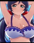  :o aqua_eyes armpits arms_behind_head arms_up bare_arms bare_shoulders bikini bikini_top breasts cleavage close-up collarbone eyebrows_visible_through_hair flower frilled_bikini frills gradient gradient_background hair_flower hair_ornament hair_scrunchie large_breasts letterboxed looking_at_viewer love_live! love_live!_school_idol_project low_twintails open_mouth scrunchie solo swimsuit tareme toujou_nozomi twintails wewe white_bikini 