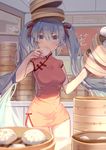  bamboo_steamer bangs baozi bare_arms blue_eyes blue_hair blurry blush breasts ceiling china_dress chinese_clothes covered_mouth cowboy_shot depth_of_field dim_sum dress eating food hair_between_eyes hair_ribbon hatsune_miku holding holding_food indoors long_hair looking_at_viewer medium_breasts microdress object_on_head red_dress red_ribbon ribbon shade short_sleeves side_slit solo stacking table twintails very_long_hair vocaloid wall you_hashira 