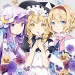  3girls alice_margatroid apron bangs black_hat black_shirt blonde_hair blue_dress blue_eyes blue_flower blue_ribbon bow braid breasts capelet commentary_request crescent crescent_hair_ornament dress eyebrows_visible_through_hair flower frilled_shirt_collar frilled_sleeves frills grey_background hair_between_eyes hair_bow hair_ornament hairband hands_up hat hat_bow hat_ribbon highres holding holding_flower kirisame_marisa long_hair long_sleeves medium_breasts mob_cap multiple_girls pansy parted_lips patchouli_knowledge pink_neckwear pink_sash puffy_short_sleeves puffy_sleeves purple_capelet purple_dress purple_eyes purple_flower purple_hair purple_hat red_flower red_hairband ribbon risui_(suzu_rks) shirt short_hair short_sleeves sidelocks simple_background single_braid smile sparkle striped touhou upper_body vertical-striped_dress vertical_stripes white_apron white_bow white_flower wide_sleeves witch_hat yellow_eyes yellow_flower 