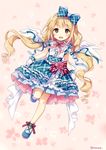  angel_wings blonde_hair bow brown_eyes dress full_body futaba_anzu hair_bow hair_ribbon idolmaster idolmaster_cinderella_girls long_hair low_twintails md5_mismatch nyanya open_mouth ribbon smile solo twintails white_background wings 