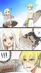  1girl 3koma berserker blonde_hair blush comic day earrings fate/stay_night fate_(series) green_eyes hair_between_eyes illyasviel_von_einzbern jason_(fate/grand_order) jewelry kaikodou_kana long_hair looking_at_another open_mouth outdoors red_eyes shirtless silent_comic sky sweatdrop twitter_username white_hair 