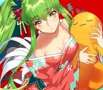  :3 :o alternate_costume bare_shoulders bow breasts c.c. cheese-kun cleavage code_geass commentary_request creayus earrings eyebrows_visible_through_hair from_above green_hair hair_bow holding japanese_clothes jewelry kemonomimi_mode kimono long_hair long_sleeves looking_at_viewer looking_up medium_breasts off_shoulder open_mouth ponytail red_background red_bow red_kimono ribbon ribbon-trimmed_sleeves ribbon_trim rooster_tail sash shiny shiny_hair shiny_skin sidelocks simple_background stuffed_toy translation_request upper_body very_long_hair wide_sleeves yellow_eyes yellow_ribbon 
