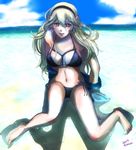  arm_support artist_name barefoot beach bikini breasts cleavage cloud day female_my_unit_(fire_emblem_if) fire_emblem fire_emblem_if kana_(kanakothird) large_breasts long_hair looking_at_viewer mamkute my_unit_(fire_emblem_if) navel ocean outdoors partially_submerged pointy_ears shadow side-tie_bikini sitting sky solo spread_legs swimsuit water white_hair 