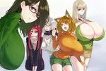  bare_shoulders black_dress blonde_hair breasts brown_hair cleavage dress gigantic_breasts glasses gram_(muneneko) green_sweater hair_ornament haruka_(muneneko) highres hips huge_breasts kisame_(muneneko) large_breasts long_hair looking_at_viewer miniskirt multiple_girls muneneko orange_sweater original parted_lips pink_eyes red_eyes red_hair scarf schwarzschild_(muneneko) short_dress short_hair short_shorts shorts simple_background skirt smile suika_(muneneko) sweater thighs white_background 