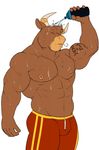  2015 5_fingers abs anthro biceps biped bottle bovine breath brown_fur buck_(evane) bulge cattle clothed clothing digital_media_(artwork) eyes_closed front_view fur head_tuft hi_res holding_bottle holding_object horn horn_ring humanoid_hands knuxlight male mammal muscular muscular_male nipple_piercing nipples pecs piercing pink_nipples portrait red_bottomwear red_clothing shorts simple_background snout solo standing sweat tan_horn tattoo three-quarter_portrait topless water water_bottle wet white_background 