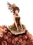  amami_haruka bare_shoulders breasts brown_hair cleavage dress flower green_eyes hair_ribbon idolmaster idolmaster_(classic) looking_at_viewer medium_breasts ribbon rose short_hair signature simple_background smile solo white_background yatsuka_(846) 