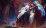  ahri animal_ears black_hair blue_eyes blurry bodysuit boots breasts challenger_ahri claws cleavage crossed_legs depth_of_field energy_ball eyeshadow facial_mark forehead_protector fox_ears fox_tail gloves head_tilt heart high_collar knee_boots league_of_legends lipstick long_hair looking_at_viewer magic makeup medium_breasts multiple_tails pauldrons petals ponytail raikoart red_footwear red_lipstick sitting solo tail throne whisker_markings 