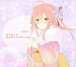  2017 ahoge akeome blush commentary_request flower flower_knight_girl green_eyes hair_flower hair_ornament happy_new_year japanese_clothes kimono long_hair looking_at_viewer new_year paradoxical-ky pink_hair saffron_(flower_knight_girl) smile solo translation_request 