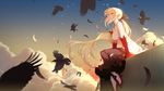  animal arm_support bangs bare_shoulders bird blonde_hair breasts closed_mouth cloud dress eyelashes feathers flock gloves glowing gradient high_heels highres kiss-shot_acerola-orion_heart-under-blade light_particles long_hair low_ponytail medium_breasts monogatari_(series) motion_blur older oshino_shinobu outdoors pointy_ears red_footwear red_gloves shoes sidelocks silhouette sitting sky smile strapless strapless_dress tears twilight very_long_hair wind wukloo yellow_eyes 