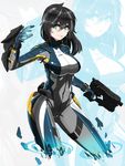  black_hair contrapposto energy green_eyes gun highres lips long_hair looking_to_the_side original saggitary skin_tight smile solo standing trigger_discipline weapon zoom_layer 