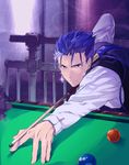  alternate_costume billiards blue_hair cue_ball cue_stick earrings fate/stay_night fate_(series) formal indoors iz_izhara jewelry lancer male_focus ponytail pool_table red_eyes solo waiter 