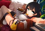  agano_(kantai_collection) bag_of_chips bangs bare_arms bare_shoulders between_legs black_hair blurry blush breasts brown_legwear chips couch day depth_of_field dutch_angle eyebrows_visible_through_hair failure_penguin food foreshortening garter_straps gloves gloves_removed green_eyes highres indoors kantai_collection light_particles long_hair looking_at_viewer lying medium_breasts mouth_hold no_panties on_back on_couch panties pink_panties plant potted_plant red_skirt shirt single_thighhigh skirt skirt_removed sleeveless sleeveless_shirt solo suginoji sunlight tareme thermometer thighhighs underwear white_gloves 