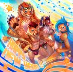  abstract_background action_pose anthro armpits bulge canine cheetah cheetahpaws clothed clothing english_text feline female glasses_on_forehead group_picture hand_on_hip high-angle_view male mammal muscular nipples open_mouth pawpads raised_arm speedo standing swimsuit text tiger topless two-piece_swimsuit wolf 