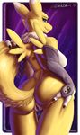  absurd_res anus breasts butt canine claws clothing digimon digital_media_(artwork) dripping female fluffy gloves hi_res looking_back mammal presenting pussy renamon side_boob solo spreading wet xanthor 