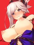  bare_shoulders blonde_hair blue_eyes blush breasts closed_mouth earrings embarrassed fate/grand_order fate_(series) frills from_below hair_ornament japanese_clothes jewelry kimono kurowa large_breasts long_hair miyamoto_musashi_(fate/grand_order) nipples ponytail red_background simple_background solo twitter_username 