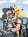  baseball_cap bicycle bike_shorts blue_eyes blue_hair breasts cellphone choker cleavage closed_mouth cloud collarbone crop_top day female_protagonist_(pokemon_go) gen_1_pokemon ground_vehicle hair_between_eyes hat highres large_breasts leaning_forward mayrel navel outdoors phone pikachu pokemon pokemon_(creature) pokemon_go ponytail riding sky sleeves_rolled_up smartphone smile stomach 