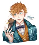  aqua_eyes blush bow bowtie brown_hair character_name coat fantastic_beasts_and_where_to_find_them male_focus newt_scamander niffler nyangsam open_mouth simple_background sparkle teeth upper_body white_background 