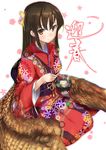  bangs blurry blurry_background blush bowl breasts brown_eyes brown_hair chopsticks closed_mouth commentary_request floral_background floral_print food hair_between_eyes hair_ornament happy_new_year holding holding_bowl holding_chopsticks japanese_clothes kimono long_hair looking_at_viewer low_wings medium_breasts new_year obi oden original red_kimono sash seiza sitting smile solo tadano_magu white_background wings zouni_soup 