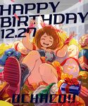  :d anezu bangs bare_shoulders blush boku_no_hero_academia boots bow brown_hair character_name closed_eyes dated dress fingerless_gloves gift gift_wrapping gloves happy_birthday head_wreath legs open_mouth petals pink_gloves short_eyebrows sidelocks smile solo uraraka_ochako 