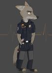  2017 anthro black_and_white blood canine clothed clothing coyote dialogue disney english_text fan_character gloves grey_background hands_in_pockets mammal monochrome restricted_palette scissors simple_background standing text walkie_talkie white_background yellow_eyes yitexity zootopia 