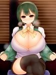  absurdres black_legwear breasts bursting_breasts cleavage crossed_legs facominn green_hair hairband highres huge_breasts idolmaster idolmaster_(classic) looking_at_viewer mole mole_under_mouth naughty_face open_clothes open_shirt otonashi_kotori red_eyes shirt sitting solo thighs 