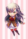  ahoge alpha_(eren_mfmf) blush chibi d: fate/grand_order fate_(series) frilled_sleeves frills full_body highres olga_marie_animusphere open_mouth pantyhose silver_hair solo striped striped_background vertical-striped_background vertical_stripes yellow_eyes 
