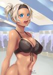  2015 absurdres bangs blonde_hair blue_eyes blush bottomless bra breasts collarbone cowboy_shot dark_skin dated hairband headband highres indoors large_breasts looking_at_viewer lulu-chan92 manchester_city_fc navel no_panties original premier_league shiny shiny_skin short_hair solo stomach underwear upper_body 