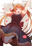  2017 ;d arm_up black_legwear blue_dress blush breasts brown_eyes brown_footwear brown_hair dragon_horns dress eyebrows_visible_through_hair fang finger_to_mouth frilled_sleeves frills gloves horns knees_together_feet_apart kobayashi-san_chi_no_maidragon legs_up long_hair looking_at_viewer maid maid_headdress medium_breasts number one_eye_closed open_mouth outside_border puffy_short_sleeves puffy_sleeves rizky_(strated) shoes short_sleeves slit_pupils smile socks solo tail tooru_(maidragon) twintails very_long_hair white_gloves 