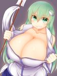  bare_shoulders breasts cleavage facominn green_eyes green_hair grin highres huge_breasts kochiya_sanae long_hair looking_at_viewer open_clothes open_shirt raised_eyebrow shirt smile solo touhou 