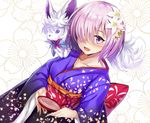 alcohol blush breasts collarbone commentary_request cup dutch_angle fate/grand_order fate_(series) floral_background floral_print flower fou_(fate/grand_order) hair_flower hair_ornament hair_over_one_eye harimoji holding japanese_clothes kimono large_breasts lavender_hair long_sleeves looking_at_viewer mash_kyrielight new_year obi on_shoulder open_mouth purple_eyes purple_kimono sakazuki sake sash short_hair smile solo white_flower 